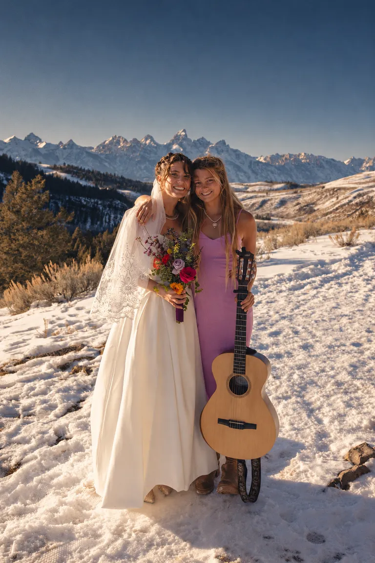 Lucy Spotts and a bride outdoors, with both faces in frame.
