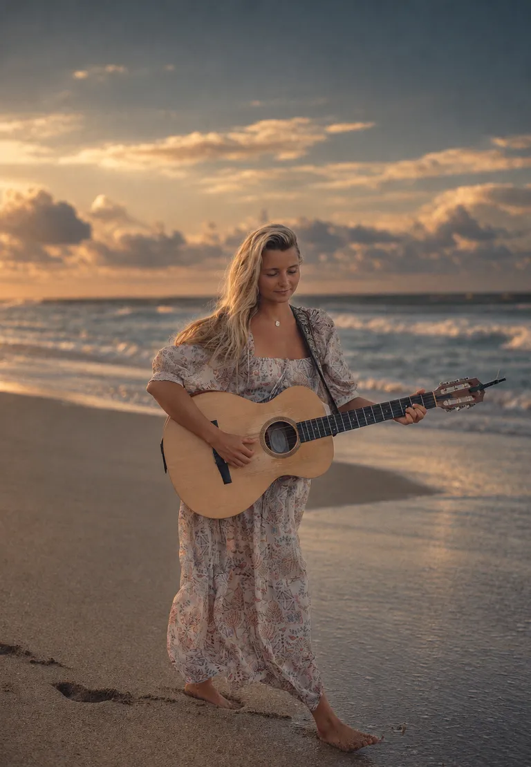 Lucy Spotts in a floral dress playing acoustic guitar on the beach.